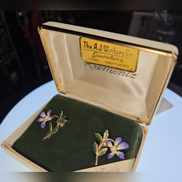 Krementz Pansy 14K gold-packed earplug w/ original box Vintage American Antique - Picture 3 of 9